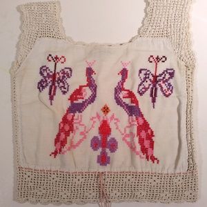 Embroidered vintage top, peacocks and butterflies